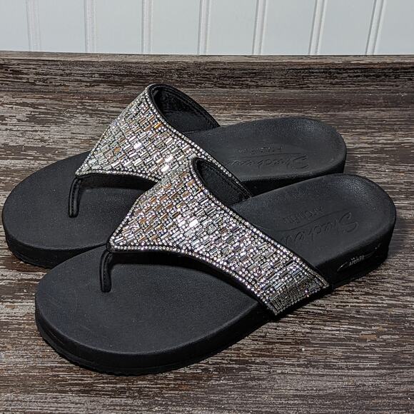 Skechers Arch Fit Women's Black/Rhinestone Comfort Walking Flip Flop Size 9 - Picture 1 of 7